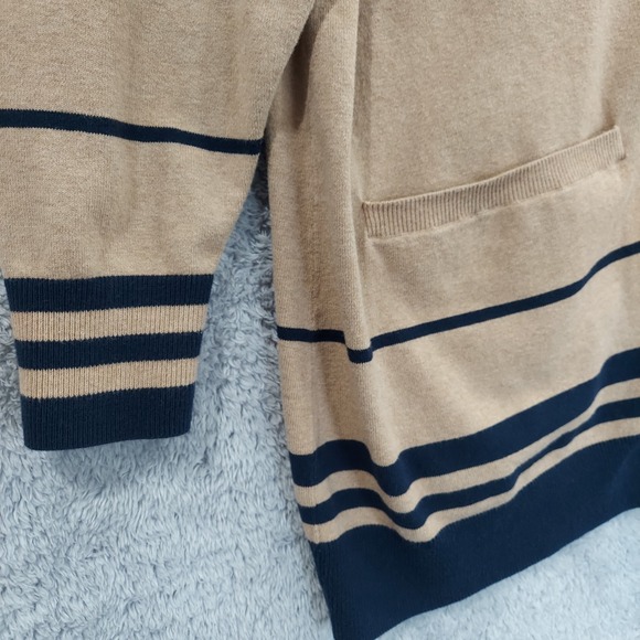 Duluth Trading Longline Cardigan Womens 1X Tan Navy Striped Open Front Preppy - Picture 2 of 13